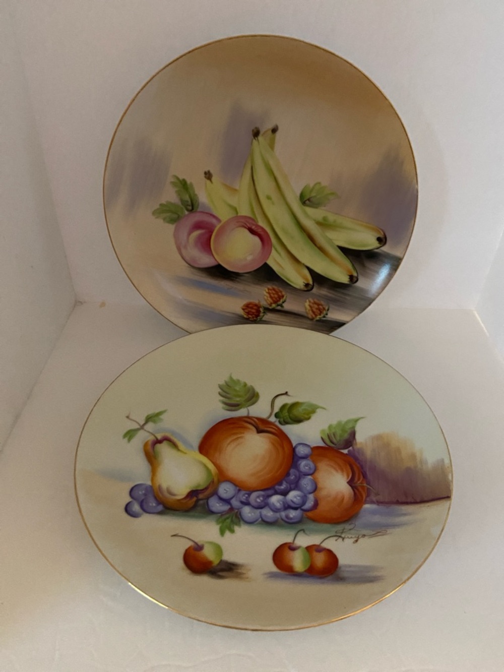 Vintage Hand-Painted Fruit Decorative Dinner Plates - Set of 2 Cream and Pastel